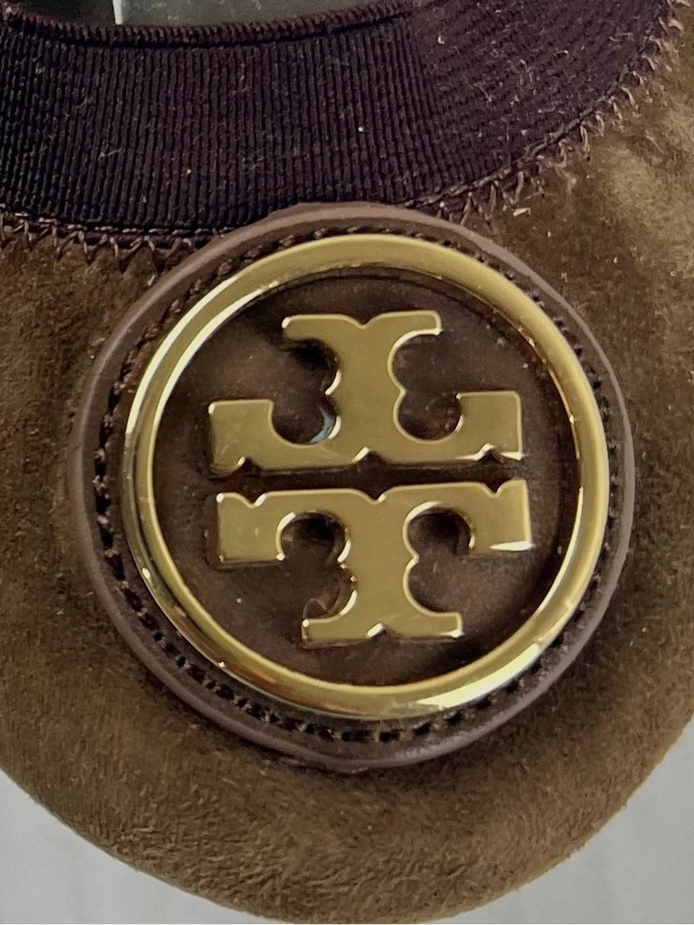 Tory Burch Brown Suede Logo Ballet Flats with Gold Emblem